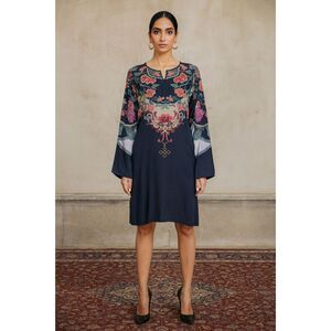 SANA SAFINAZ Gray Floral Cotton Long Sleeve Midi Dress   Women's Size Small